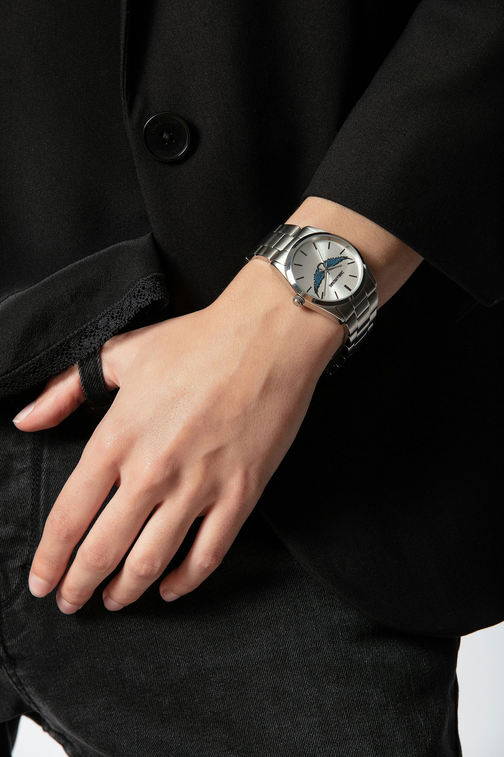 Zadig Strass Wings Watch - Stainless steel watch with blue rhinestone wing pattern dial.